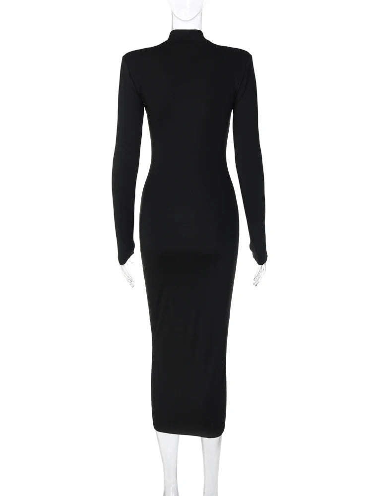 Robe longue moulante à col roulé – Noir élégant