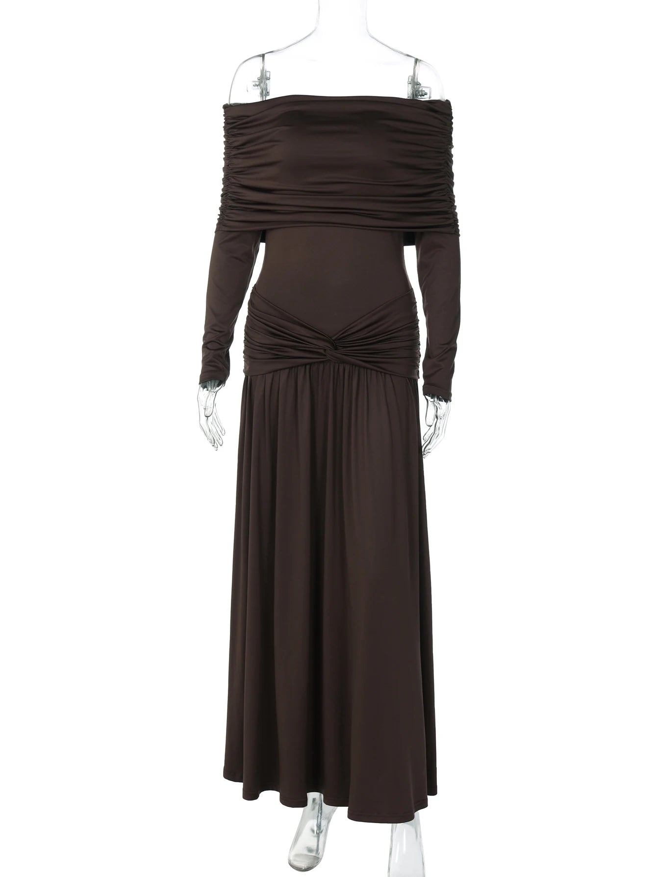 Robe longue plissée épaules dénudées – Coupe ajustée