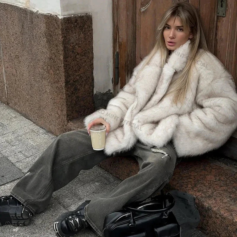 Manteau Néo Mint Dégradé en Fausse Fourrure