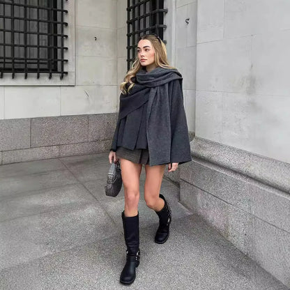Manteau Femme Chic avec Écharpe Intégrée